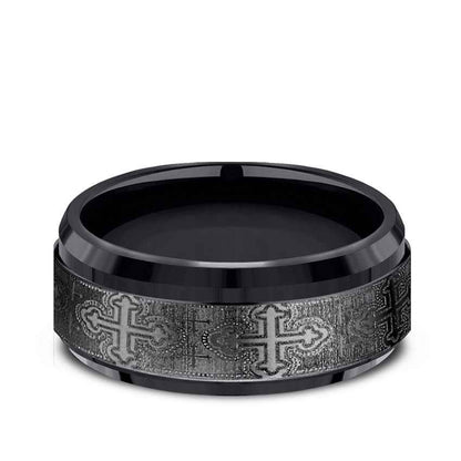 BENCHMARK Mens 9MM Black Titanium with Cross Design Wedding Band close-up detail
