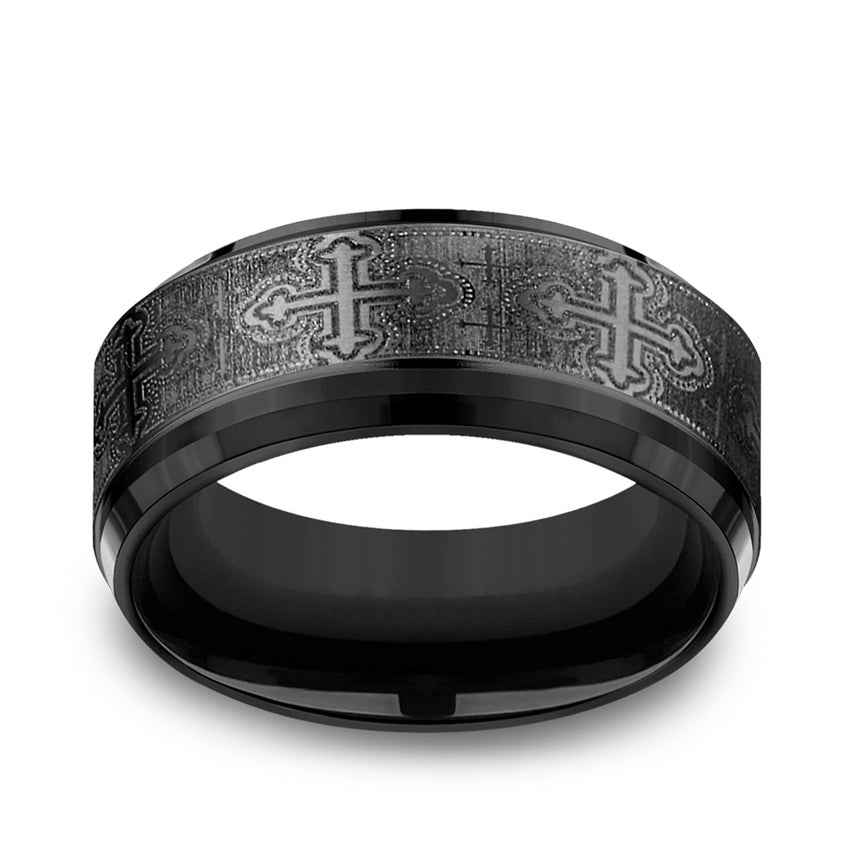 BENCHMARK Mens 9MM Black Titanium with Cross Design Wedding Band