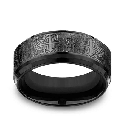 BENCHMARK Mens 9MM Black Titanium with Cross Design Wedding Band