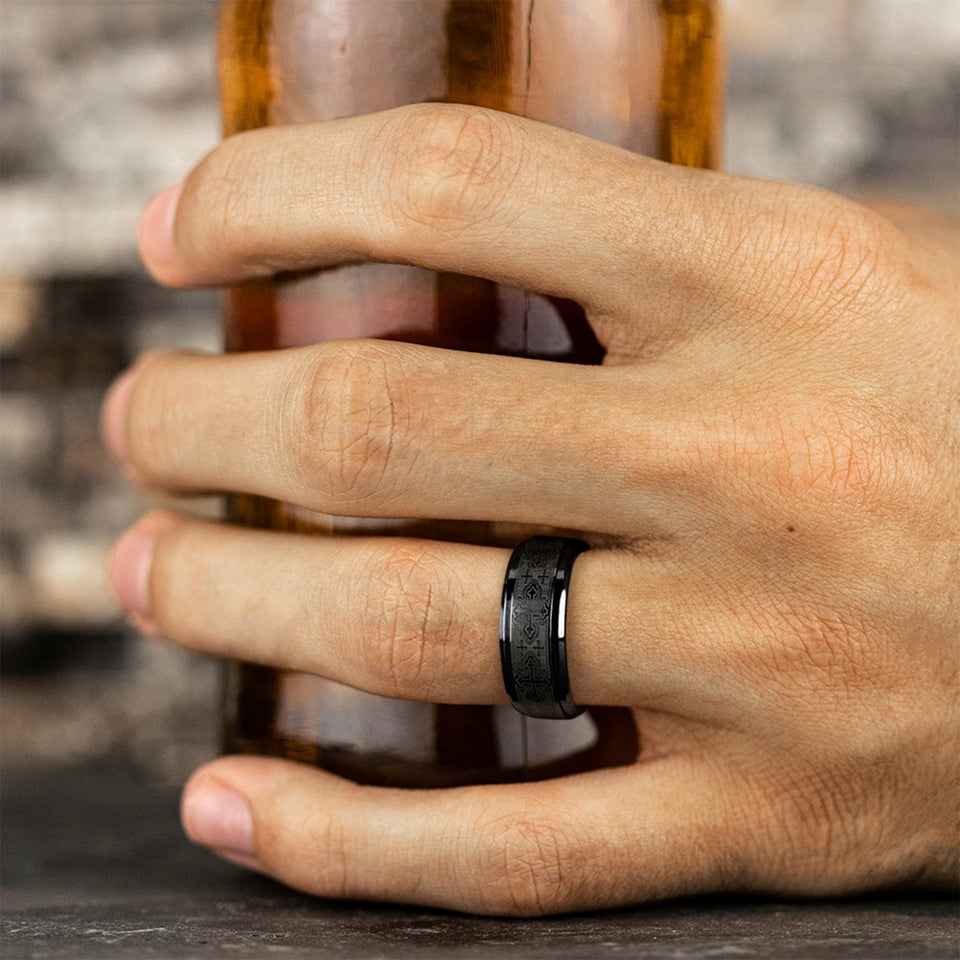BENCHMARK Mens 9MM Black Titanium with Cross Design Wedding Band side profile