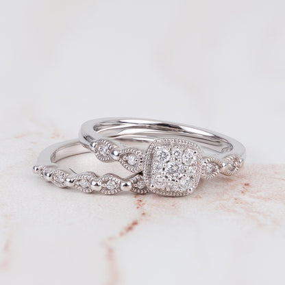 True Promise 1/5 ct. tw. Diamond Cluster Wedding Set with Milgrain Edge Detaling in 10K White Gold side profile