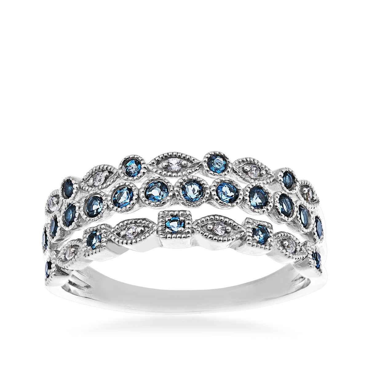 Genuine 3-Row London Blue Topaz & Created White Sapphire Stackable Ring with Milgrain Detailing in Sterling Silver