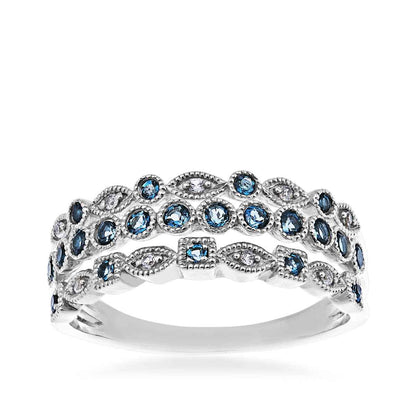 Genuine 3-Row London Blue Topaz & Created White Sapphire Stackable Ring with Milgrain Detailing in Sterling Silver