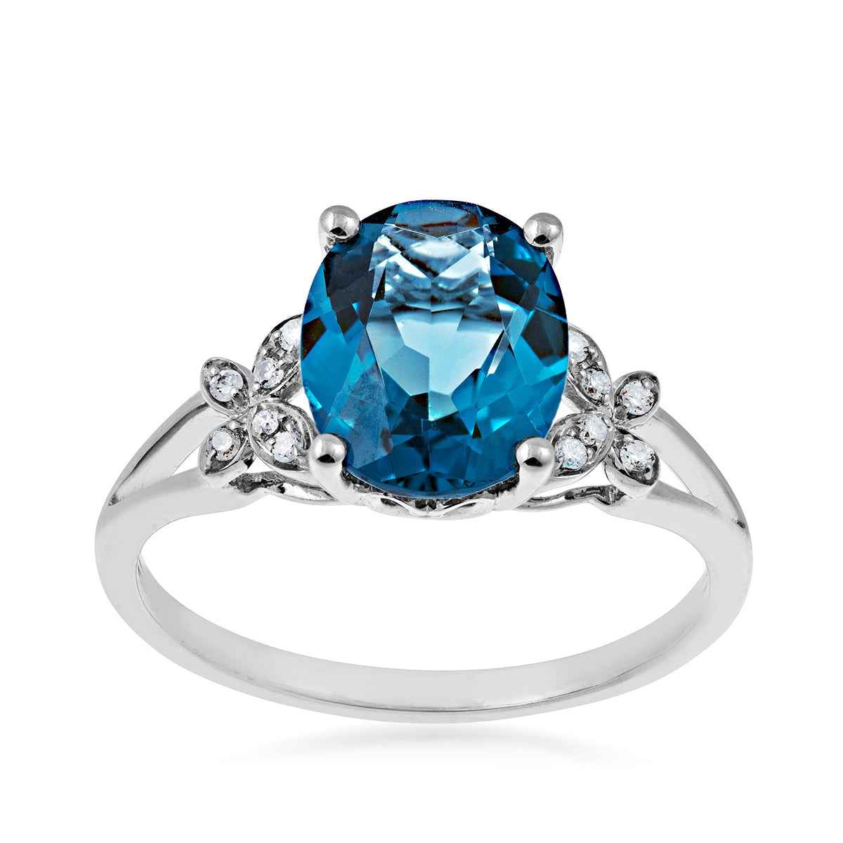 Impulse Collection Oval London Blue Topaz & Diamond Accent Floral Split Shank Ring in 14K White Gold