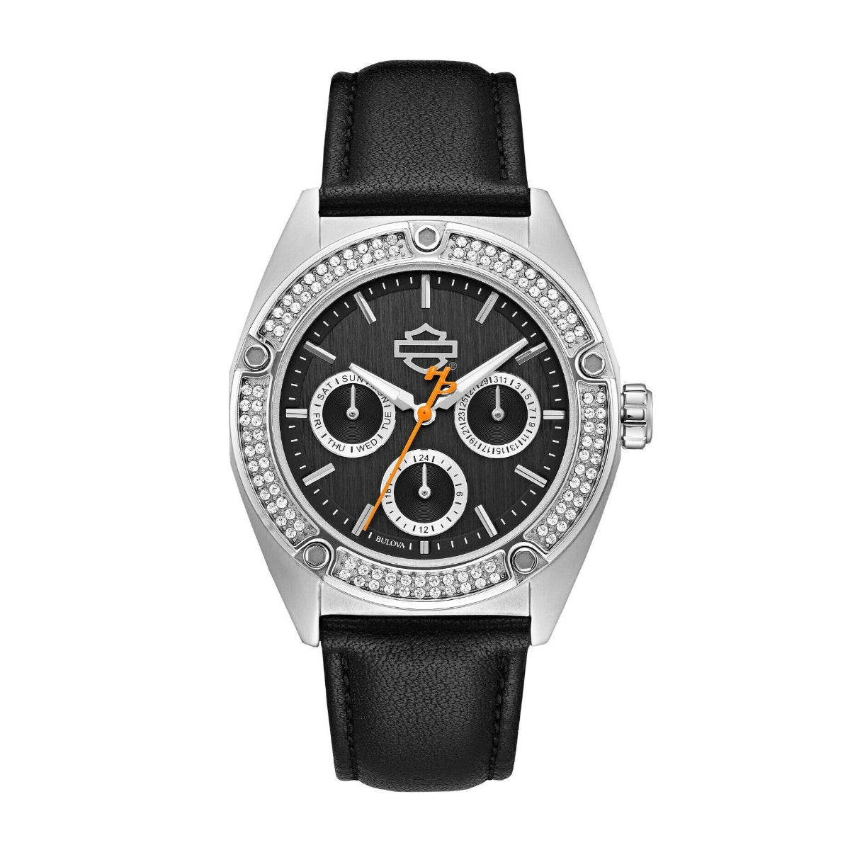 Harley Davidson Ladies' Stainless Steel Crystal Accent Watch with Black Dial & Black Leather Strap