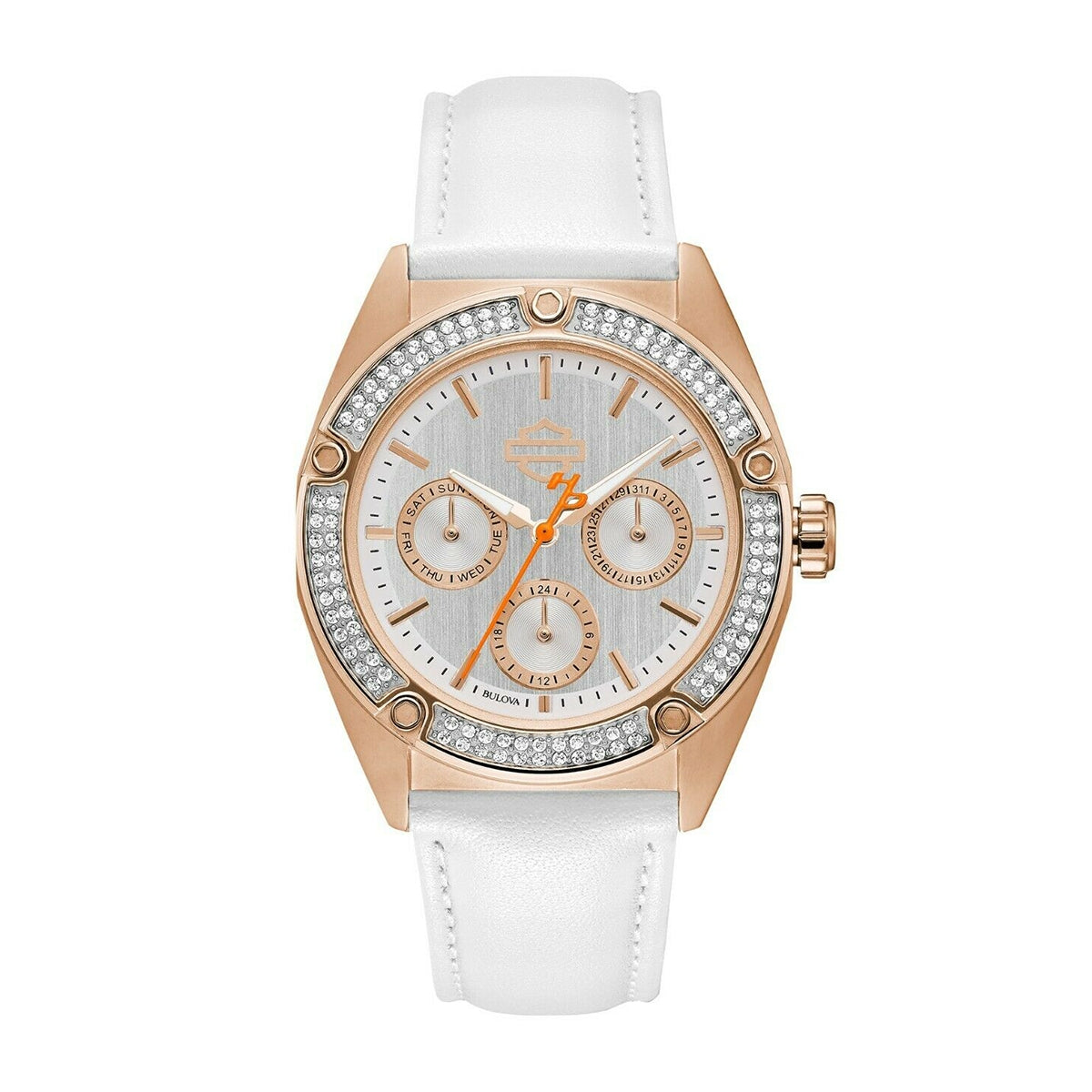 Harley Davidson Pink Gold-Tone Stainless Steel Watch with Silver Dial & White Leather Strap