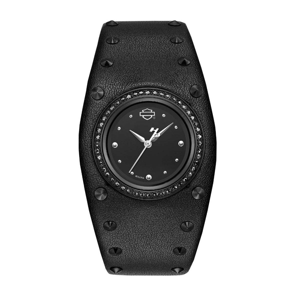 Harley Davidson Ladies' Black Ion-Plated Stainless Steel Crystal Accent Watch with Black Dial & Black Leather Strap