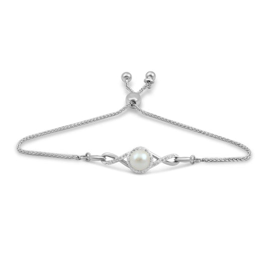 Freshwater Pearl and Created White Sapphire Halo Twisted Bolo Bracelet in Sterling Silver