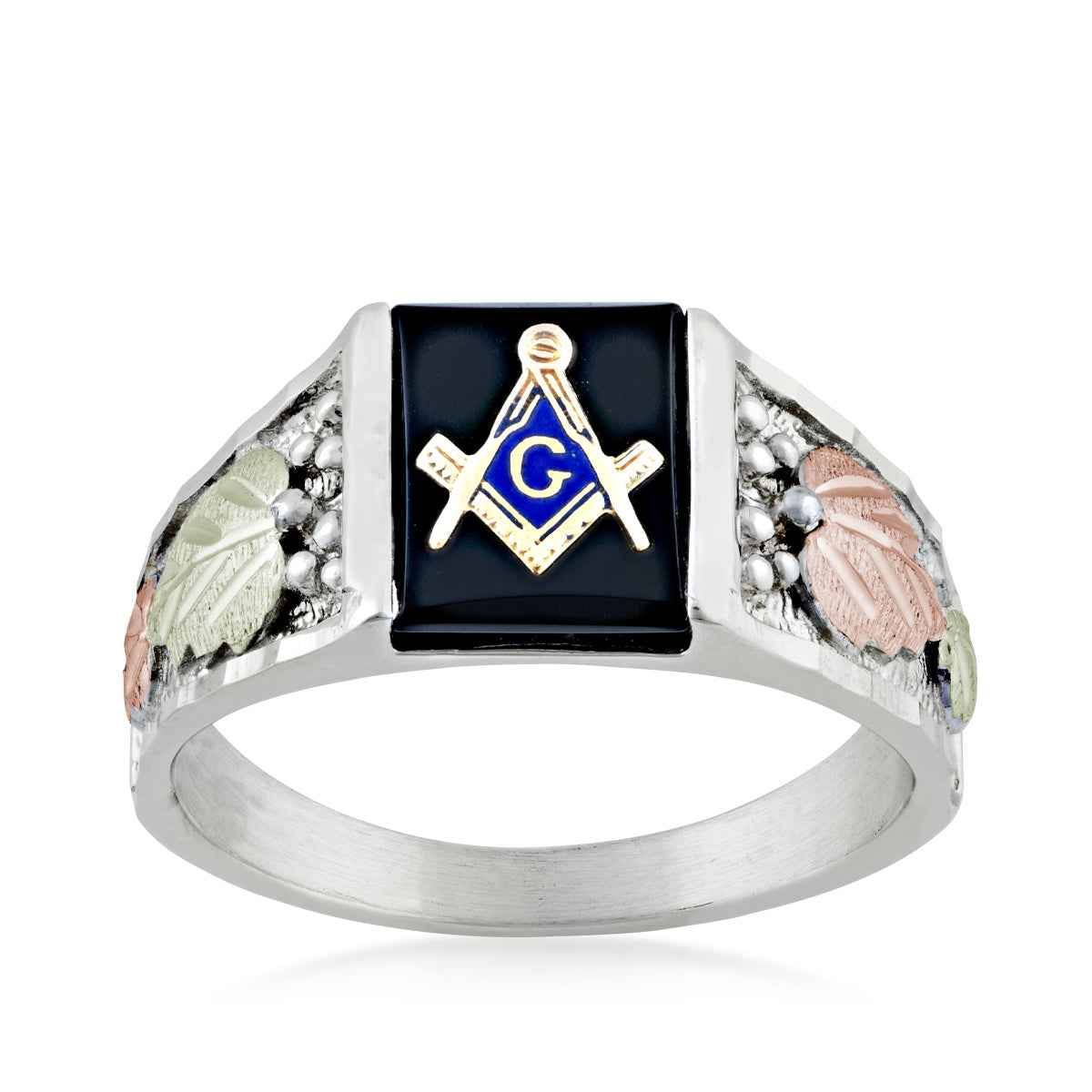 Black Hills Gold Men's Rectangle Onyx Masonic Ring in Sterling Silver