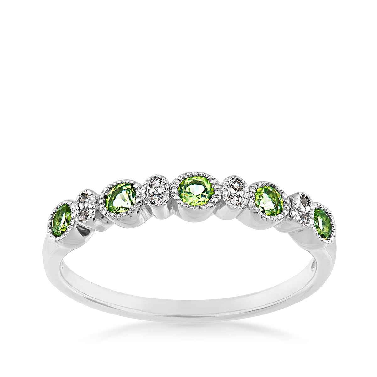 Genuine Round Peridot & Created Round White Sapphire Stackable Ring with Milgrain Halo Accents in Sterling Silver