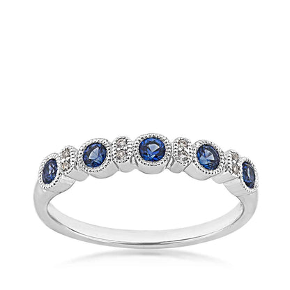 Created Blue & White Sapphire Stack Ring with Milgrain Halos in Sterling Silver