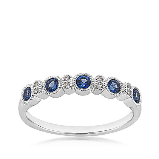 Created Blue & White Sapphire Stack Ring with Milgrain Halos in Sterling Silver