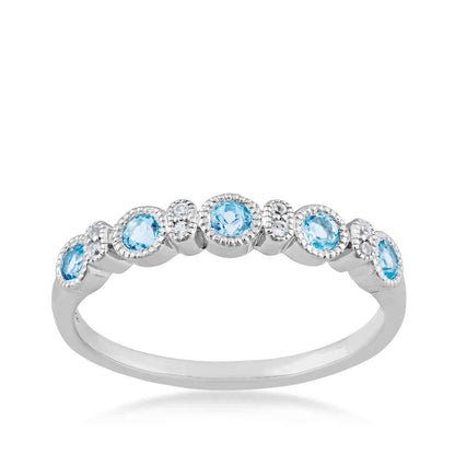 Swiss Blue Topaz and Created White Sapphire Milgrain Stackable Ring in Sterling Silver