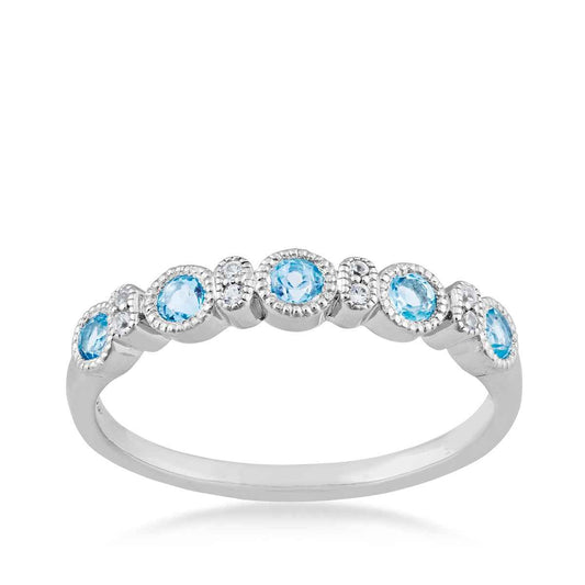 Swiss Blue Topaz and Created White Sapphire Milgrain Stackable Ring in Sterling Silver