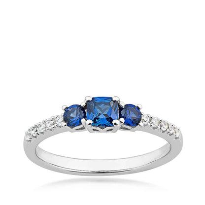 3-Stone Created Cushion Cut Blue & White Sapphire Stackable Ring in Sterling Silver