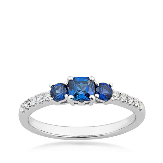 3-Stone Created Cushion Cut Blue & White Sapphire Stackable Ring in Sterling Silver