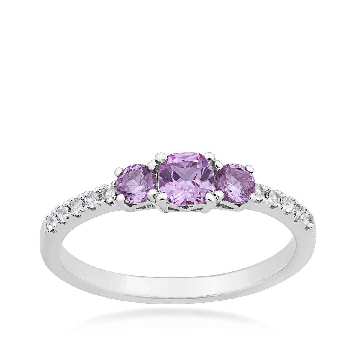 3-Stone Created Cushion Pink & White Sapphire Stackable Ring in Sterling Silver