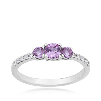 3-Stone Created Cushion Pink & White Sapphire Stackable Ring in Sterling Silver