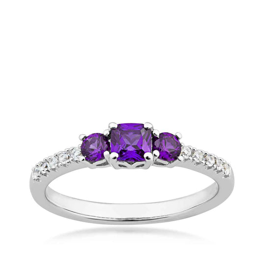 Genuine Cushion Cut & Round Amethyst Stackable Ring with Round Created White Sapphire Band in Sterling Silver