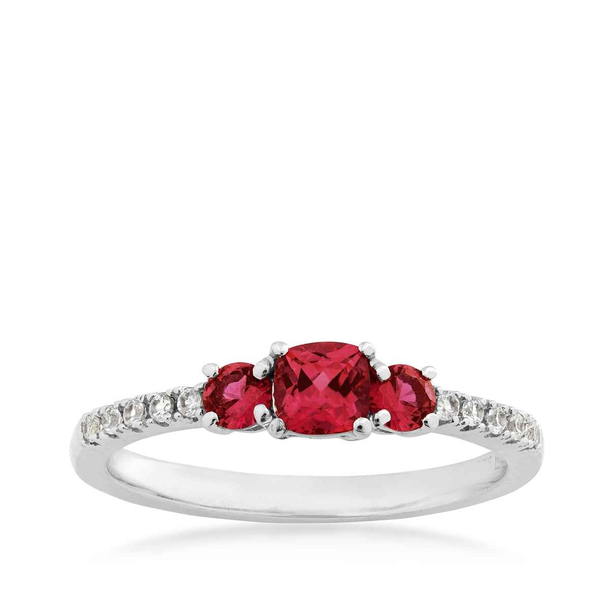 3-Stone Created Cushion Cut Ruby & White Sapphire Stackable Ring in Sterling Silver