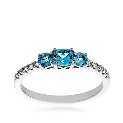 3-Stone Cushion Swiss Blue Topaz & Created White Sapphire Stackable Ring in Sterling Silver