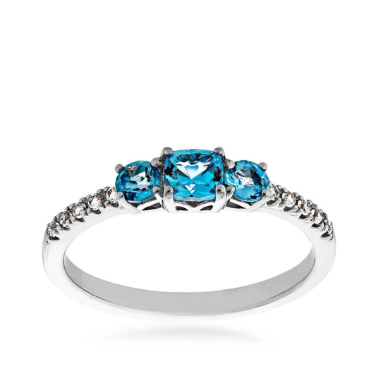 3-Stone Cushion Swiss Blue Topaz & Created White Sapphire Stackable Ring in Sterling Silver