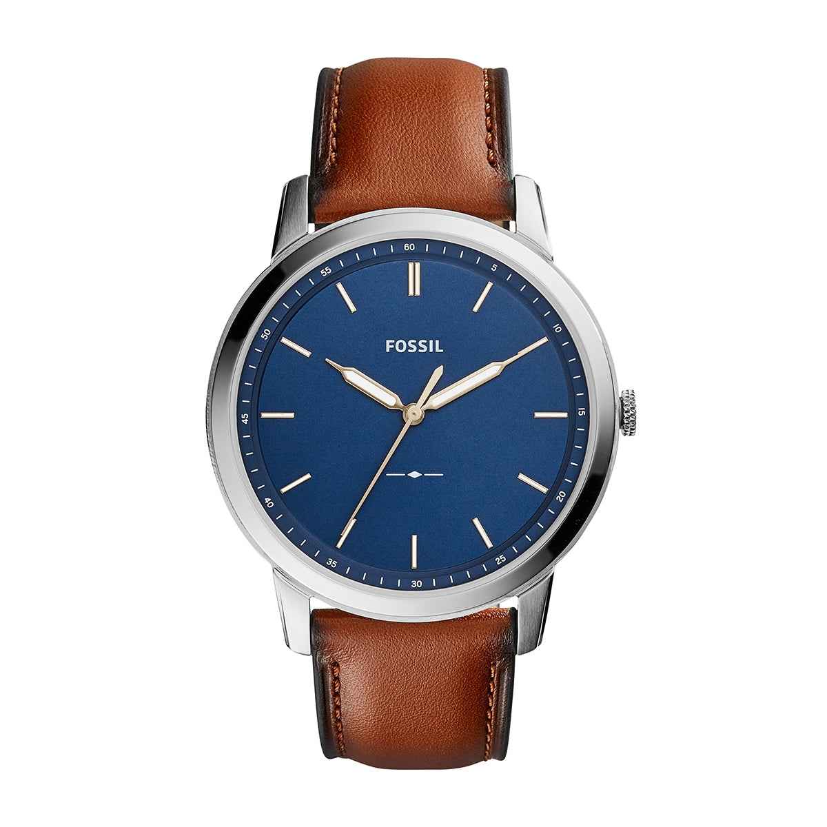 Fossil Men's Minimalist Quartz Stainless Steel Watch with Blue Dial & Leather Strap