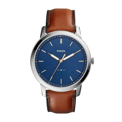 Fossil Men's Minimalist Quartz Stainless Steel Watch with Blue Dial & Leather Strap