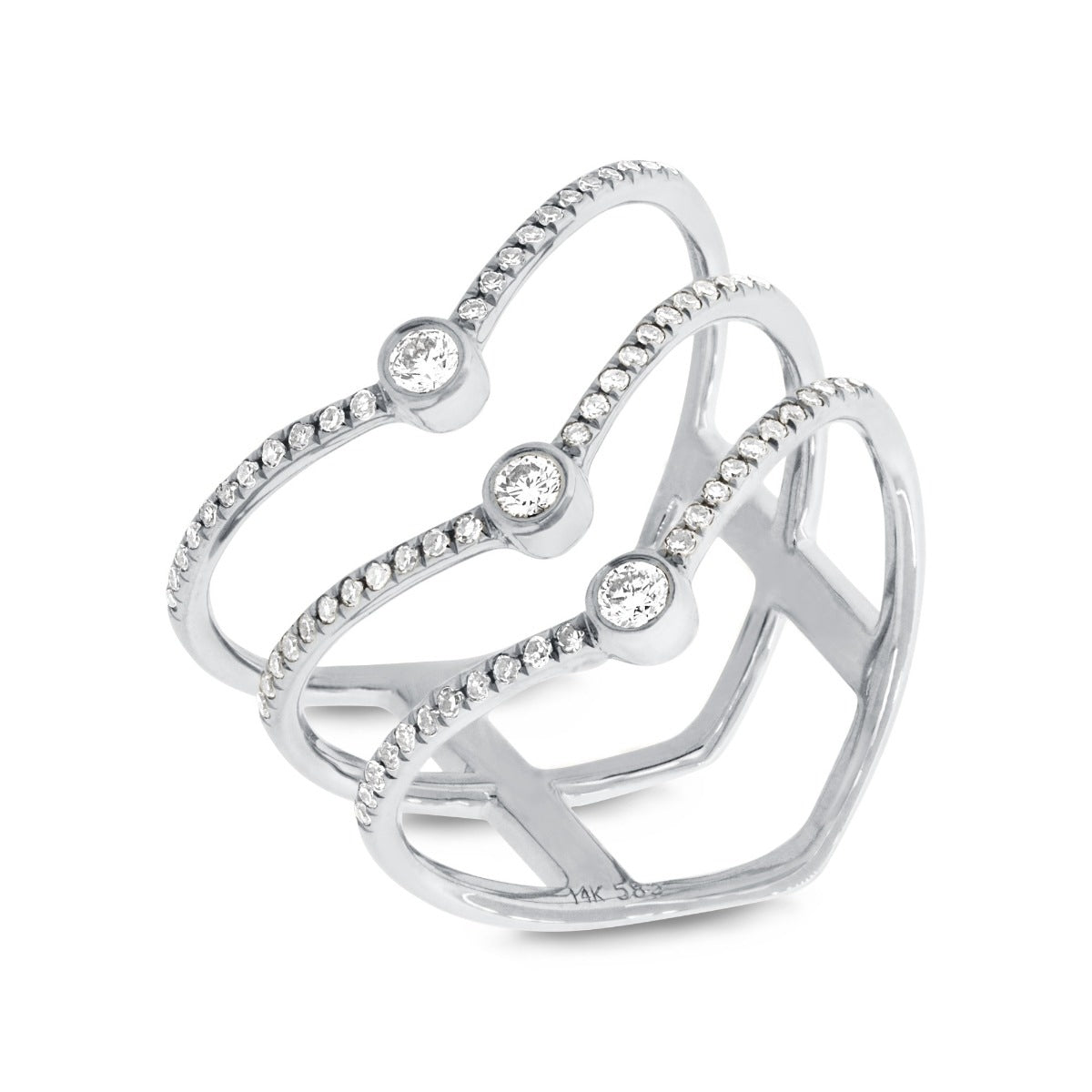 Shy Creations 1/3 ct. tw. Diamond Pave Triple Chevron Ring with Center Bezel Set Diamonds in 14K White Gold front view