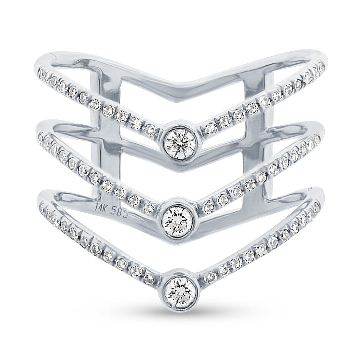 Shy Creations 1/3 ct. tw. Diamond Pave Triple Chevron Ring with Center Bezel Set Diamonds in 14K White Gold