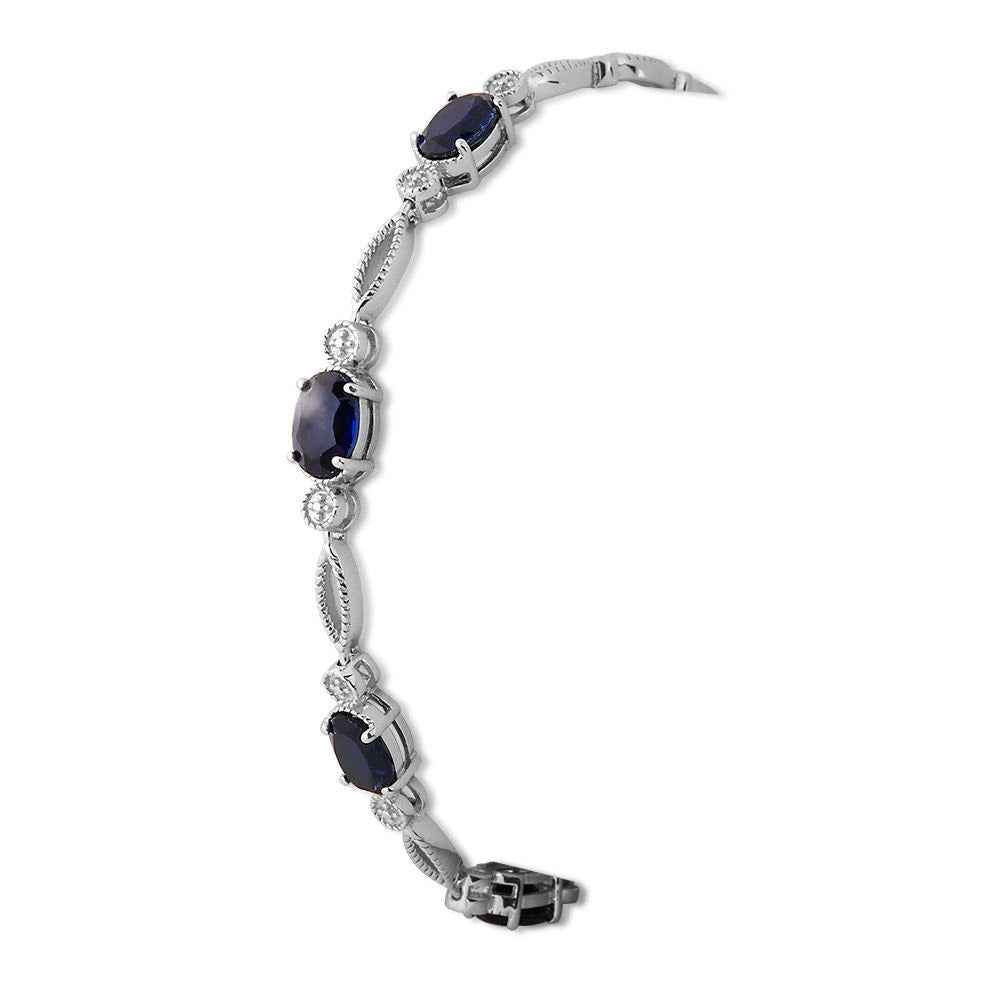 Created Oval Blue Sapphire Bracelet with Milgrain Detailing in Sterling Silver