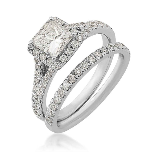 Adamante 1-3/4 ct. tw. Lab-Grown Princess Cut Diamond Halo Split Shank Wedding Set in 14K White Gold close-up detail