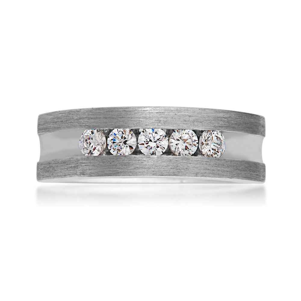 Men's 1/5 ct. tw. Round Brilliant 5-Stone Channel-Set Diamond Wedding Band with Brushed Sides in 10K White close-up detail