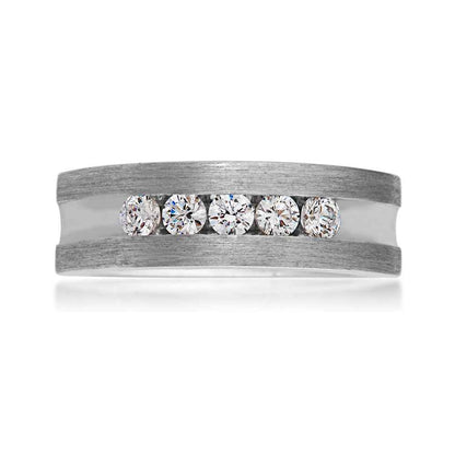 Men's 1/5 ct. tw. Round Brilliant 5-Stone Channel-Set Diamond Wedding Band with Brushed Sides in 10K White close-up detail