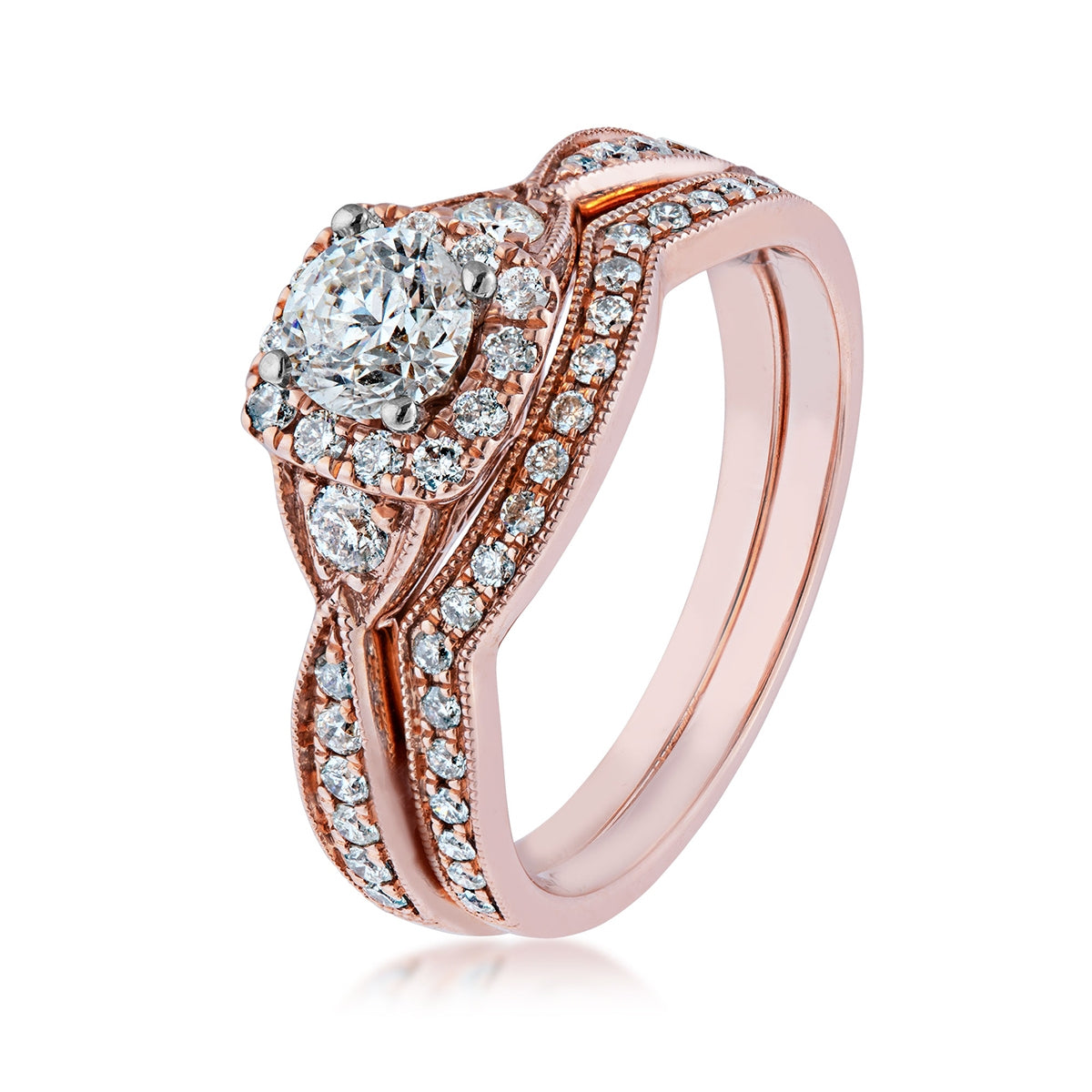 Noventa 1 ct. tw. Round Brilliant Diamond Halo Wedding Set with Milgrain Detailing in 14K Pink Gold front view