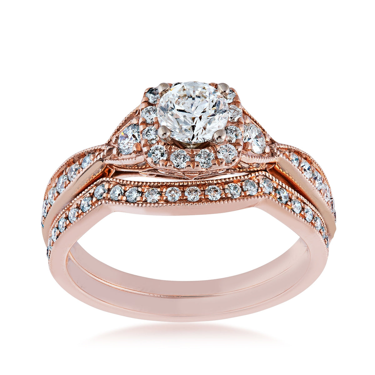 Noventa 1 ct. tw. Round Brilliant Diamond Halo Wedding Set with Milgrain Detailing in 14K Pink Gold