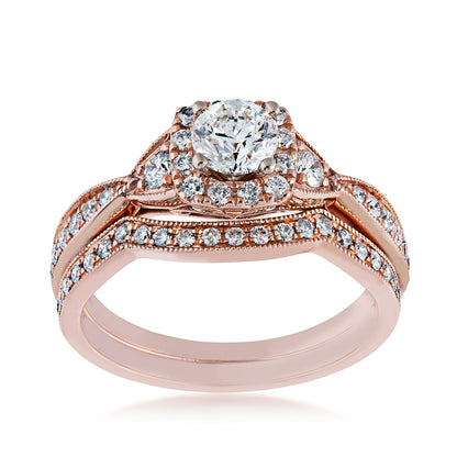 Noventa 1 ct. tw. Round Brilliant Diamond Halo Wedding Set with Milgrain Detailing in 14K Pink Gold