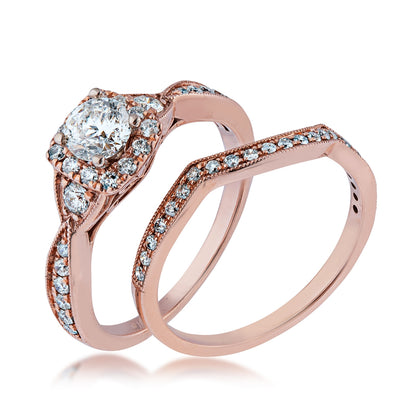 Noventa 1 ct. tw. Round Brilliant Diamond Halo Wedding Set with Milgrain Detailing in 14K Pink Gold close-up detail