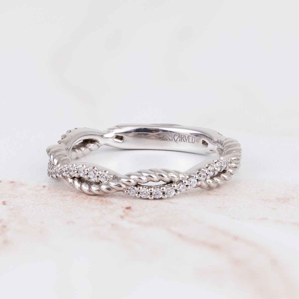 ArtCarved Contemporary 1/5 ct. tw. Diamond and Rope Accent Twisted Wedding Band in 14K White Gold side profile