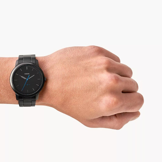 Fossil Men's Minimalist Quartz Black Stainless Steel Watch with Blue Accent Black Dial front view