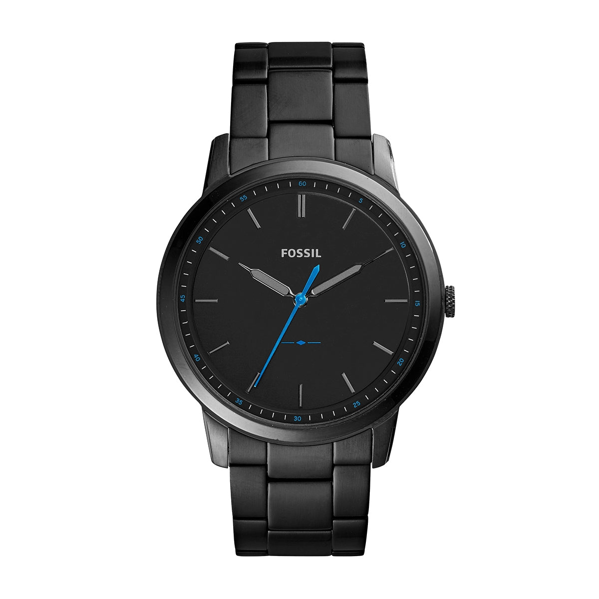Fossil Men's Minimalist Quartz Black Stainless Steel Watch with Blue Accent Black Dial