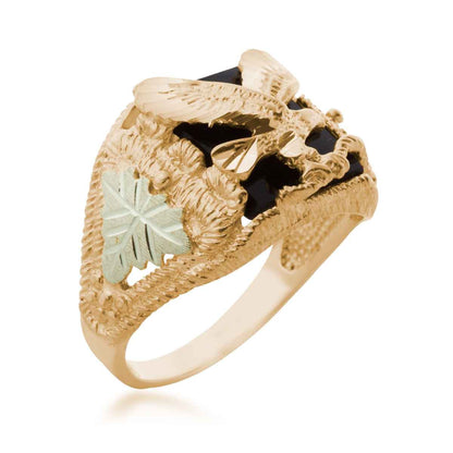 Black Hills Gold Men's Rectangle Onyx Eagle Ring in 10K Yellow Gold front view