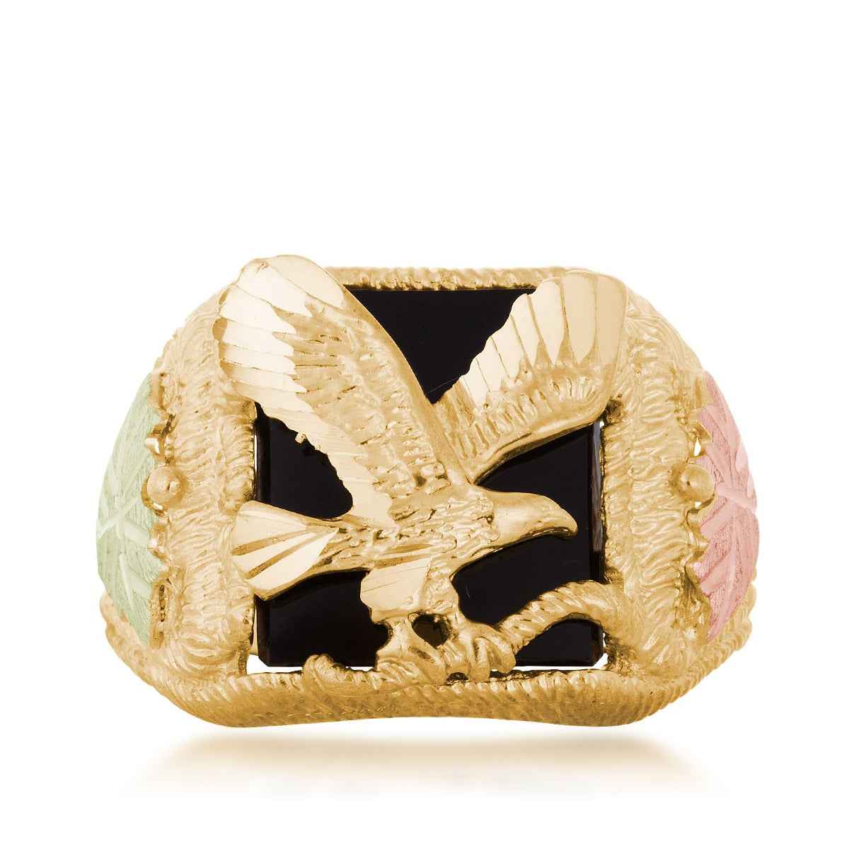 Black Hills Gold Men's Rectangle Onyx Eagle Ring in 10K Yellow Gold close-up detail