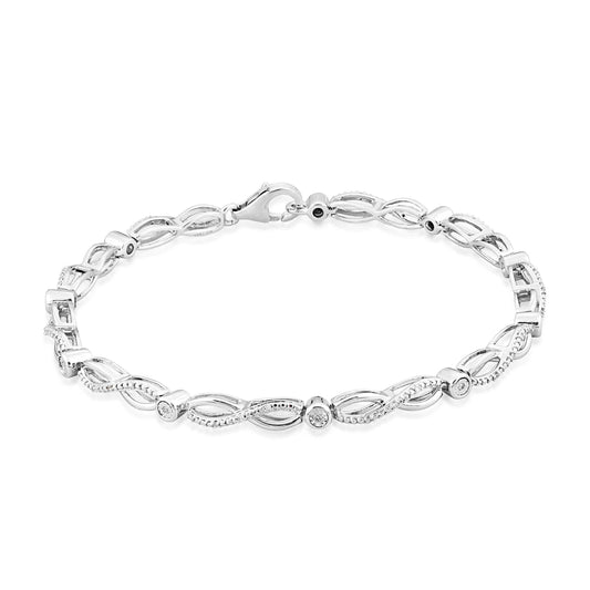 1/10 ct. tw. Diamond Bezel Set Infinity Link Bracelet with Milgrain Detailing in Sterling Silver