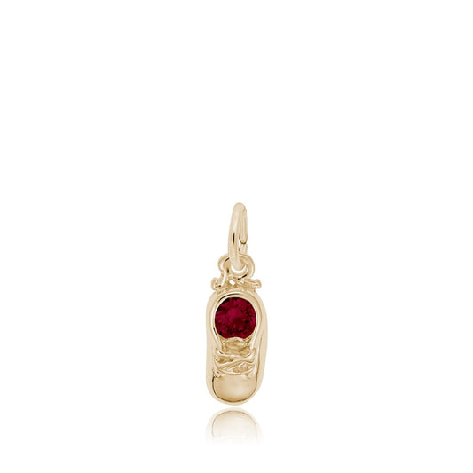 Synthetic Red Zircon January Birthstone Baby Shoe Charm in 14K Yellow Gold