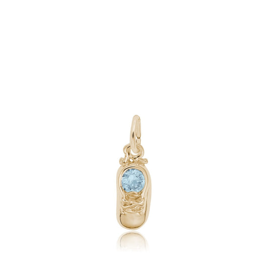 Synthetic Blue Zircon March Birthstone Baby Shoe Charm in 14K Yellow Gold