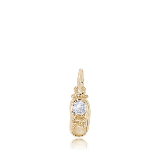 Synthetic White Zircon April Birthstone Baby Shoe Charm in 14K Yellow Gold