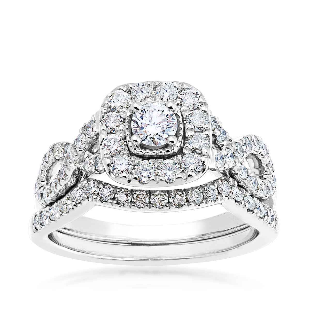 Natural 1 ct. tw. Round Brilliant Diamond Halo Twist Wedding Set in 10K White Gold