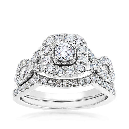 Natural 1 ct. tw. Round Brilliant Diamond Halo Twist Wedding Set in 10K White Gold