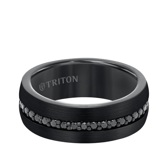 Triton Men's Black Sapphire Satin Finish Wedding Ring in Black Tungsten Carbide front view